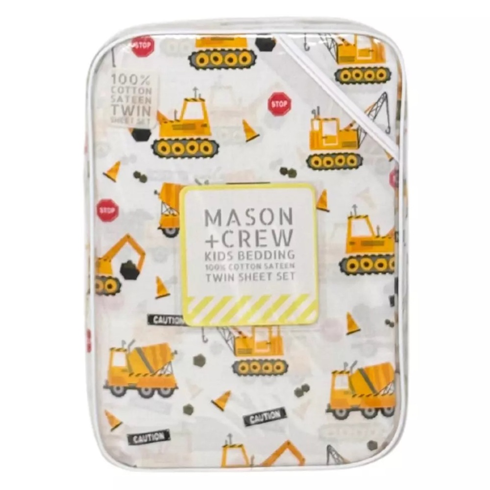 MASON & CREW TWIN 3 PC Soft Cotton Sateen Sheet Set Bulldozer Crane Cement Truck